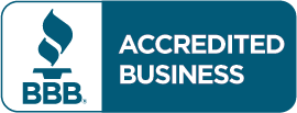 BBB Accredited Business logo with a torch symbol on a blue background.